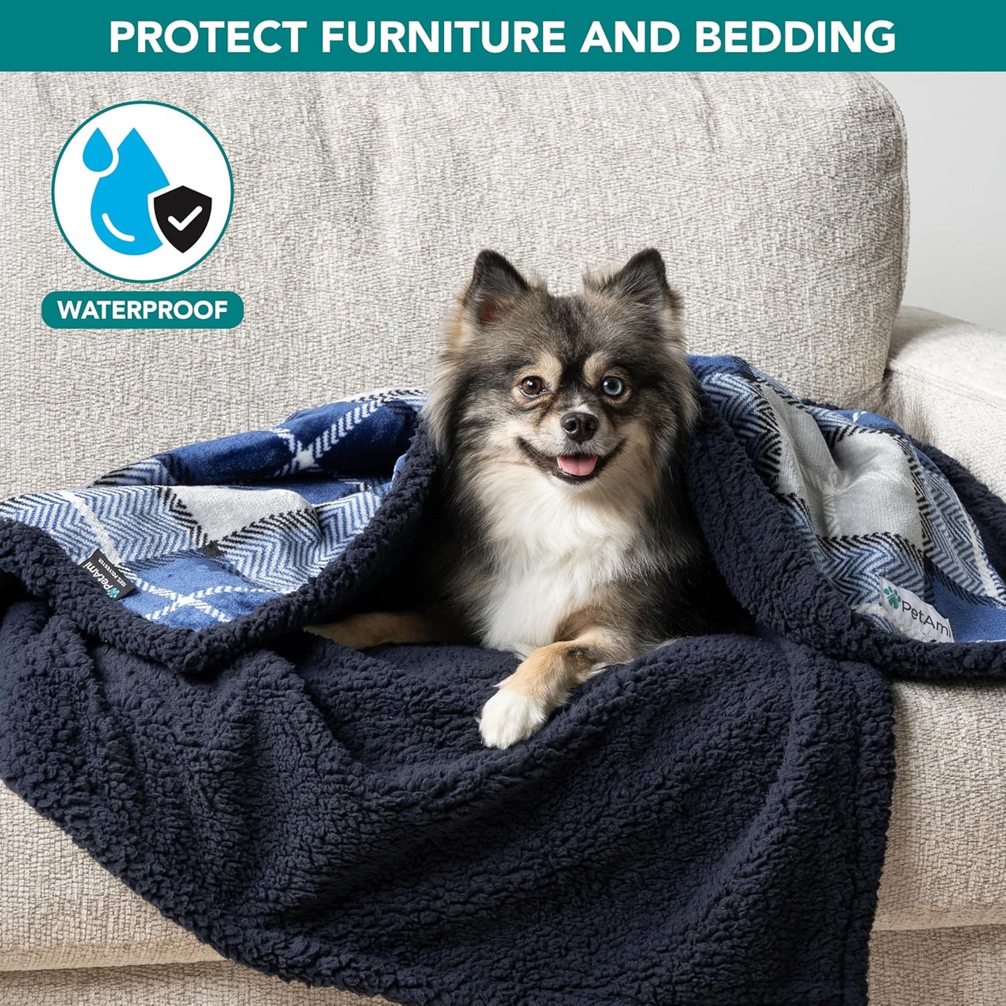 Waterproof Dog Blanket for Small Medium Dog, Pet Puppy Blanket Couch Cover Protection, Sherpa Fleece Cat Blanket Couch Sofa Bed Furniture Protector Reversible Soft Washable 29X40 Plaid Navy